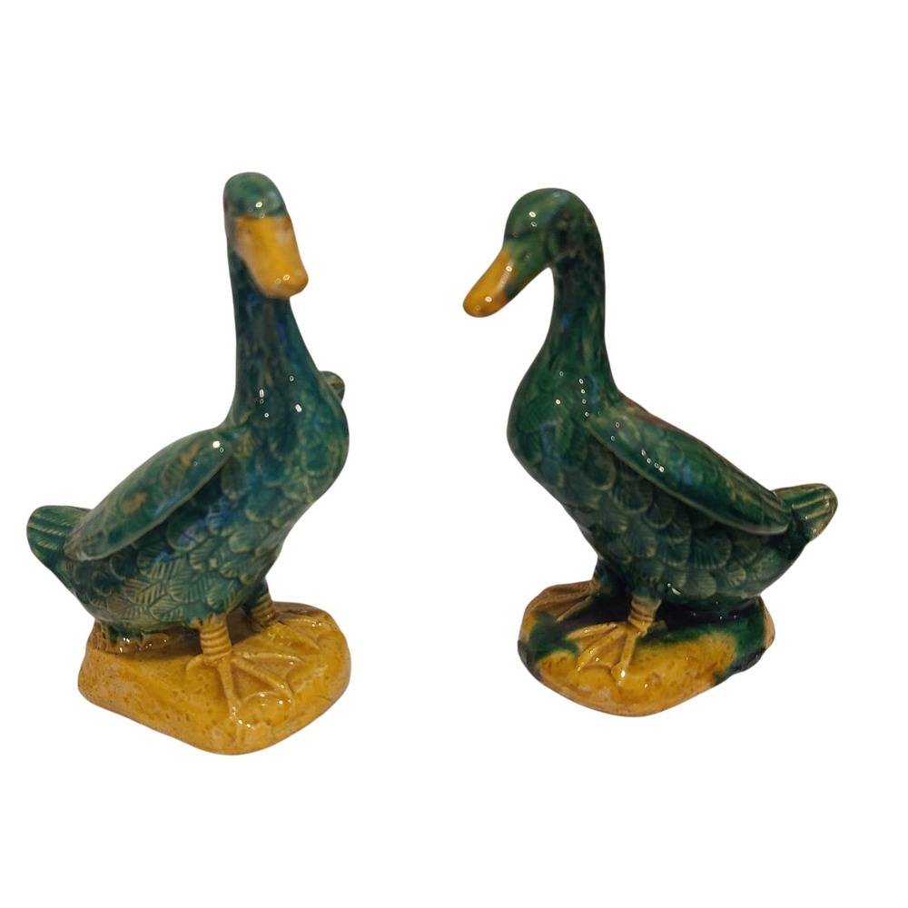 Pair of Vintage Chinese‎ Mud Duck Figurines Green Glazed Pottery 6" Tall